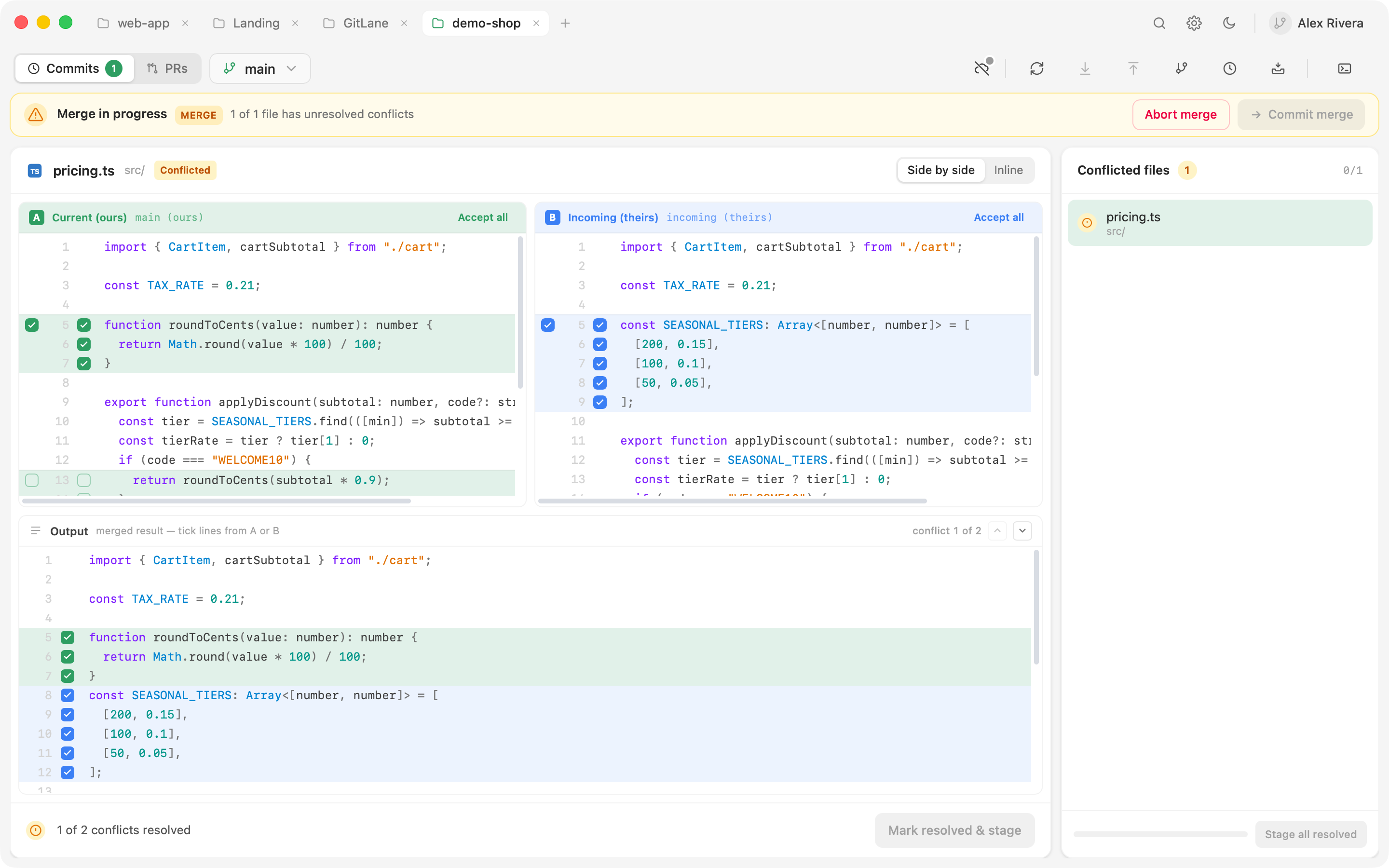 Side-by-side conflict resolution with per-line picks and a merged output