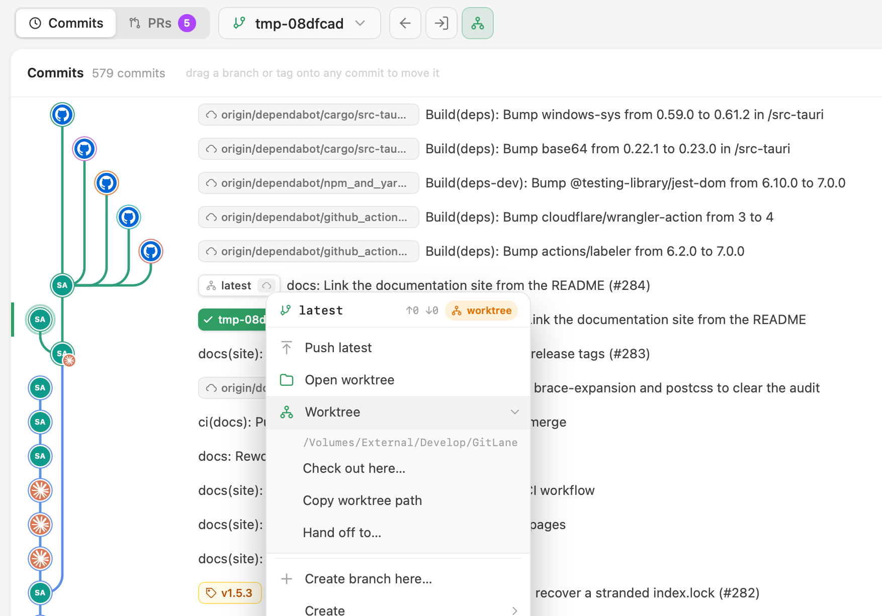Inside a linked worktree: back-to-main toolbar and the worktree submenu