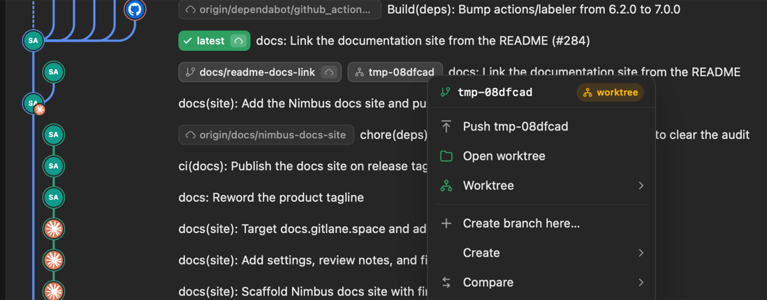 The GitLane commit graph: a branch pill carrying a tree glyph, with its context menu open on Push, Open worktree, and a Worktree submenu.