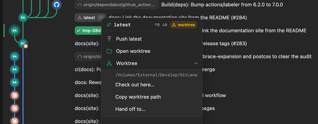The expanded Worktree submenu showing the worktree path with Check out here, Copy worktree path, and Hand off to actions.